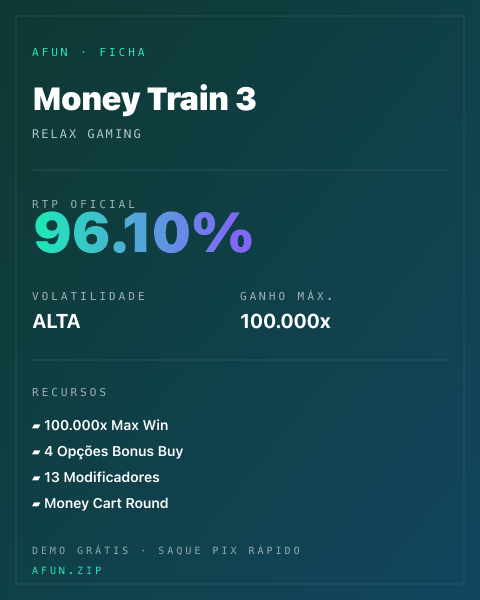 Ficha técnica de Money Train 3: RTP, volatilidade e ganho máximo na Afun
